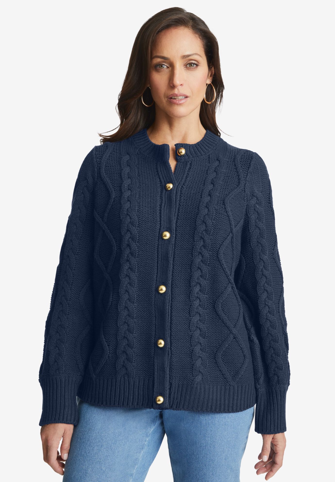 Button Front Cable Cardigan, NAVY, hi-res image number 0