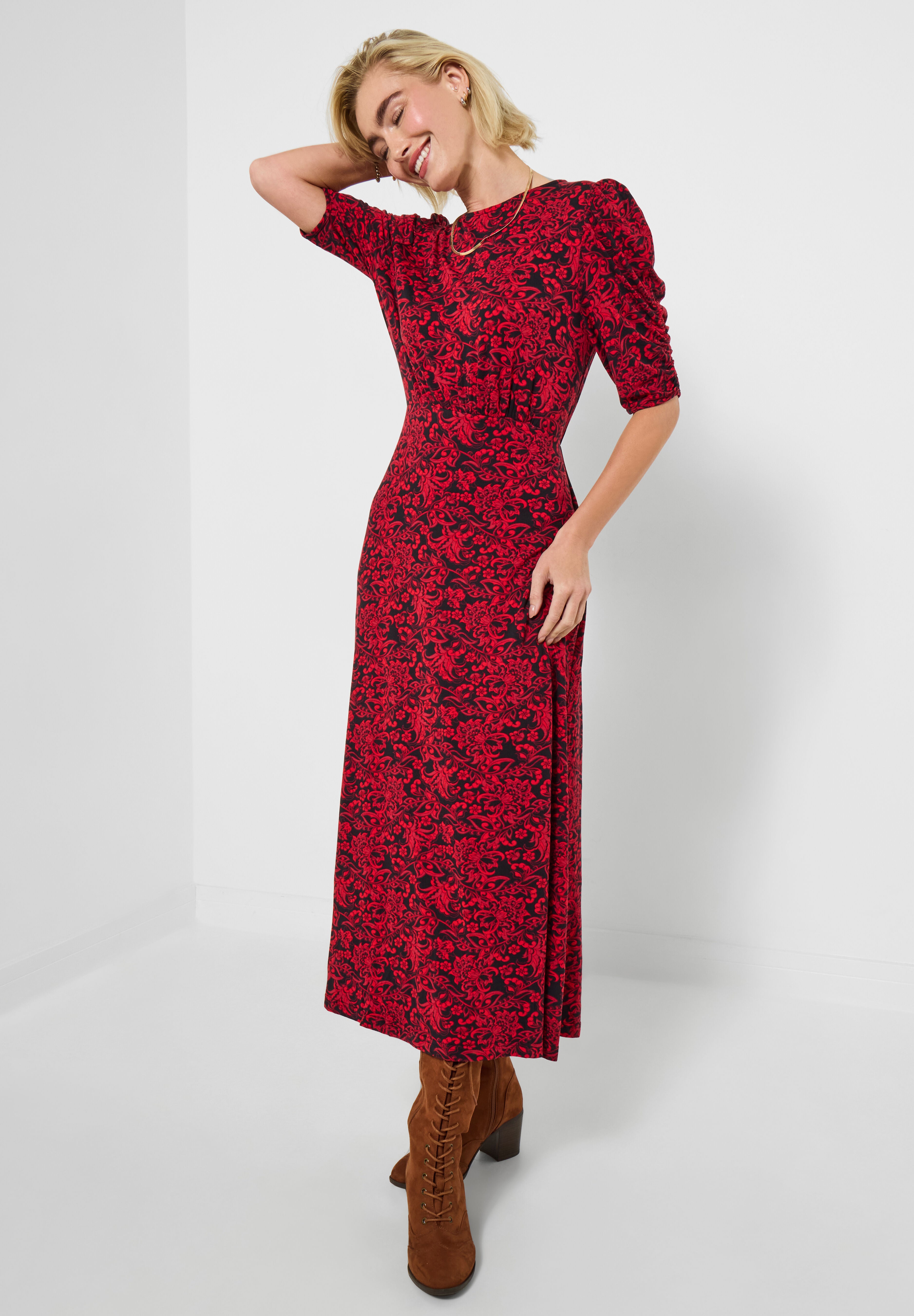 Puff Sleeve Midi Dress, RED SCROLL PAISLEY, on-hover image number 1