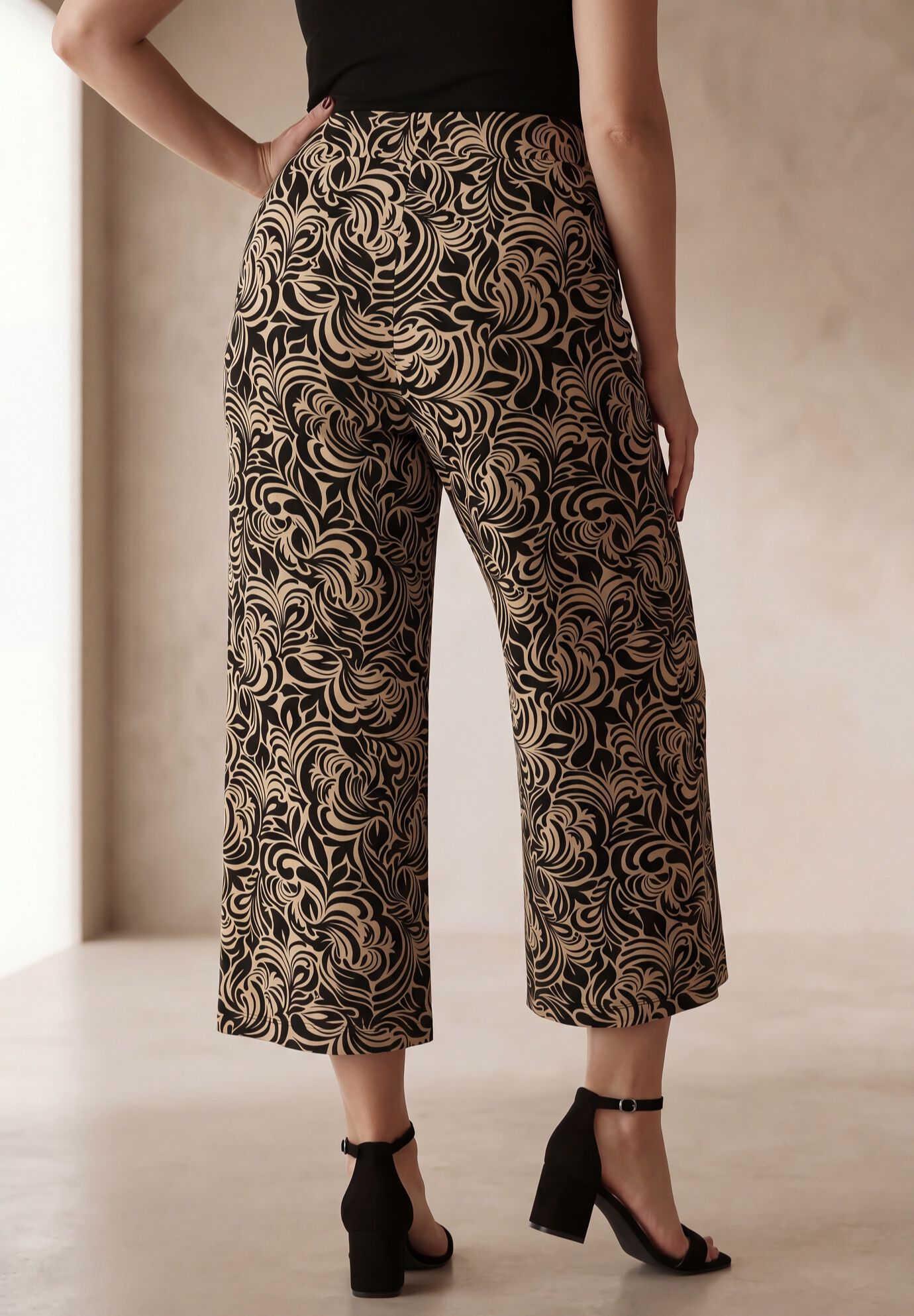 Everyday Stretch Knit Wide Leg Crop Pant, BLACK KHAKI SCROLL, on-hover image number 1
