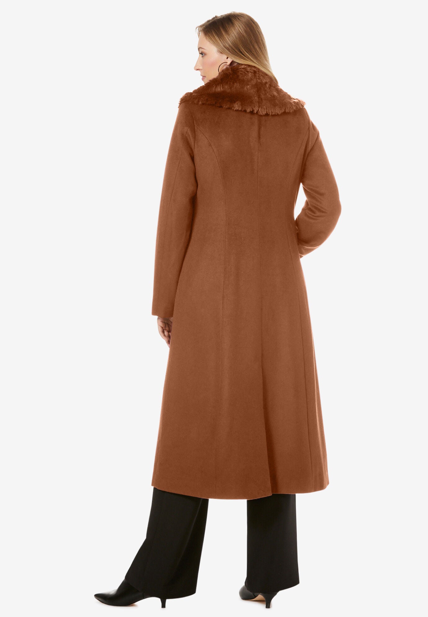 Long Wool Blend Coat with Faux Fur Collar Jessica London