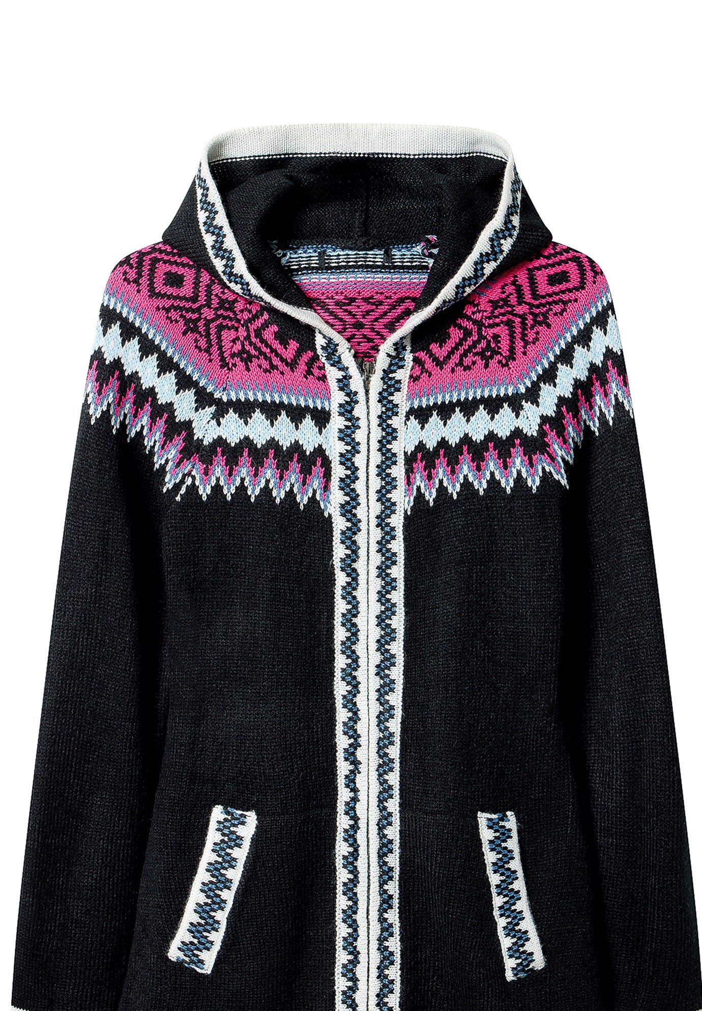 Fair Isle Drawstring V-Neck Zip Hoodie, BLACK FAIRISLE, alternate image number 4