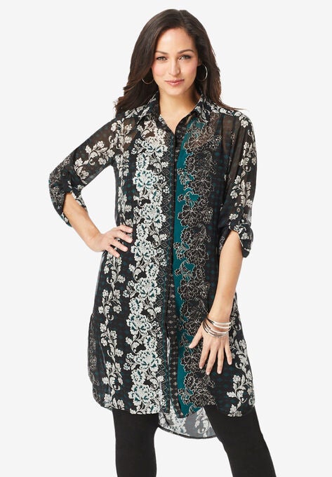 Sheer Mega Tunic, EMERALD GREEN FLORAL STRIPE, hi-res image number null