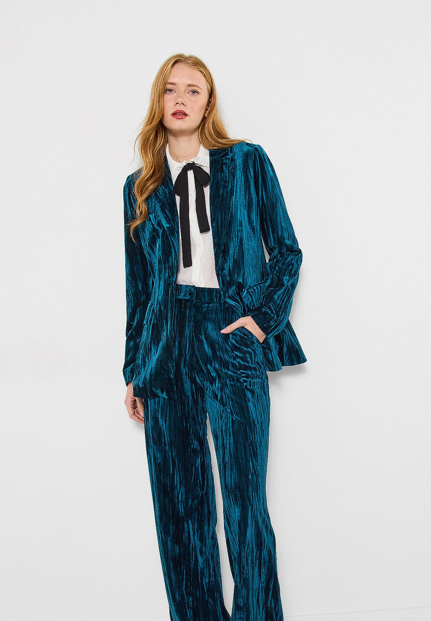 Crinkle Velvet Blazer, TEAL, on-hover image number 1