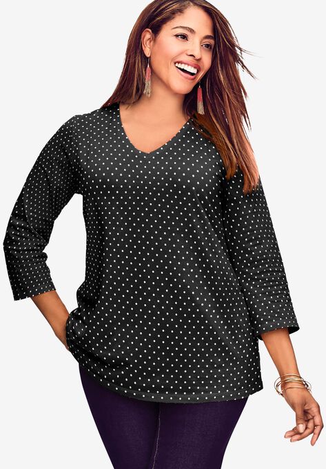 V-Neck Tee, BLACK IVORY DOT, hi-res image number null