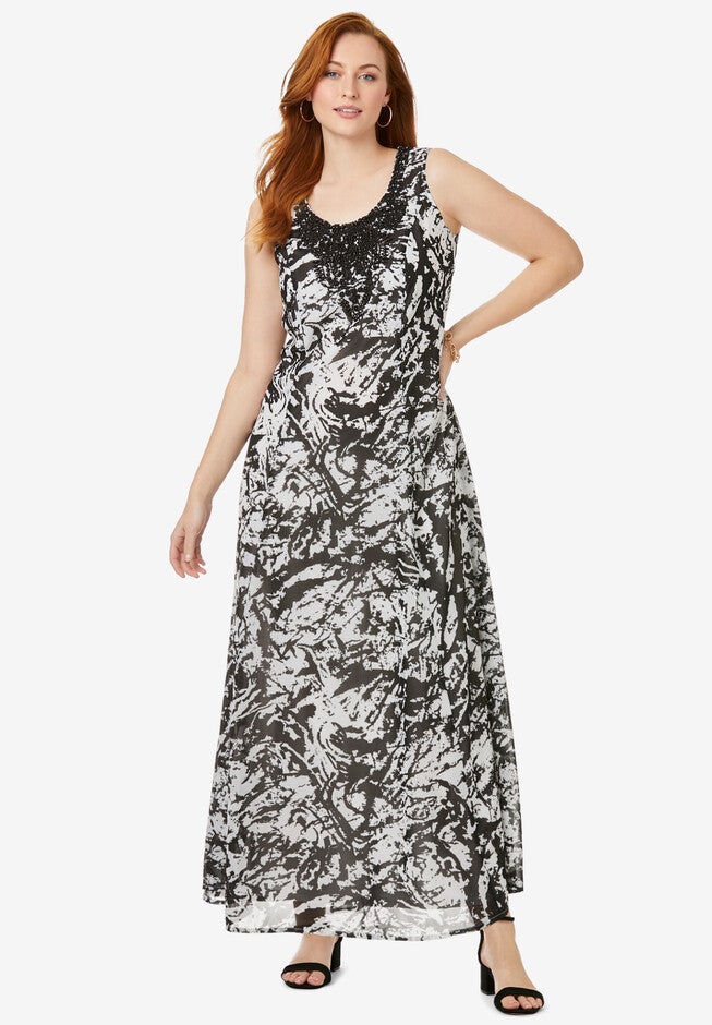 Printed Maxi Dress, BLACK WHITE ABSTRACT, hi-res image number 0