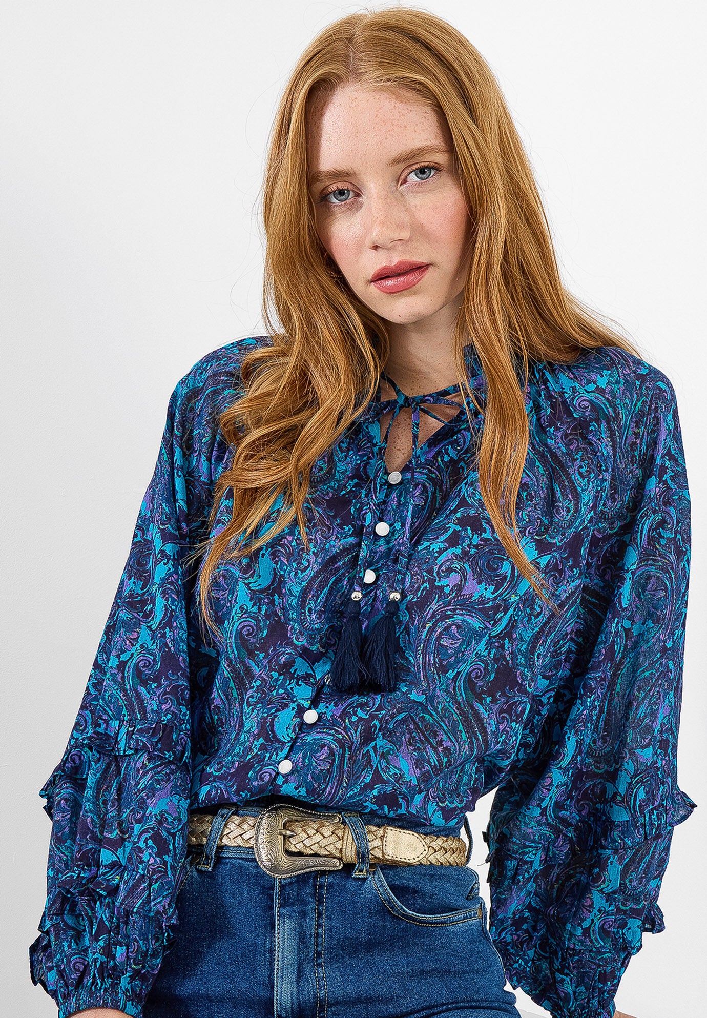 Boho Tassel Blouse, BOHO WATERCOLOR PAISLEY, hi-res image number 0