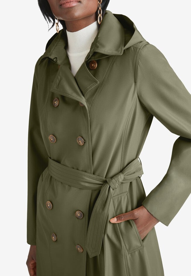 Ladies' Double Breasted Long Trench Raincoat, Soft Camel Jessica London