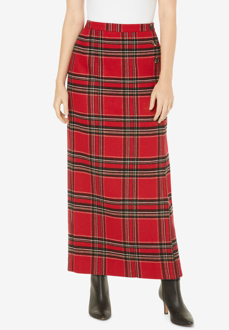 Side-Button Wool Skirt, RED TWILL PLAID, hi-res image number null