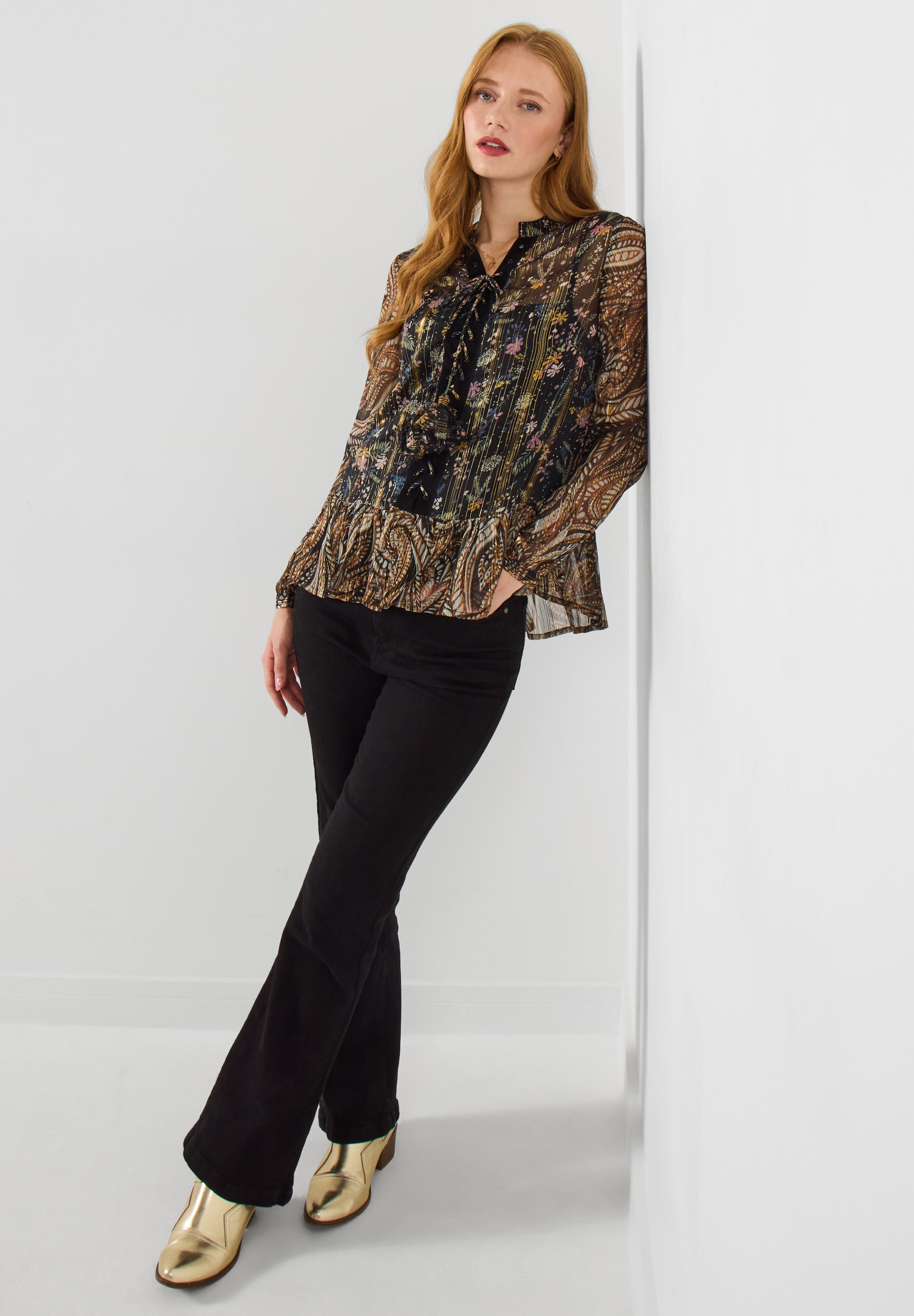 Sheer Metallic Lace-Up Blouse, METALLIC PAISLEY, alternate image number 4