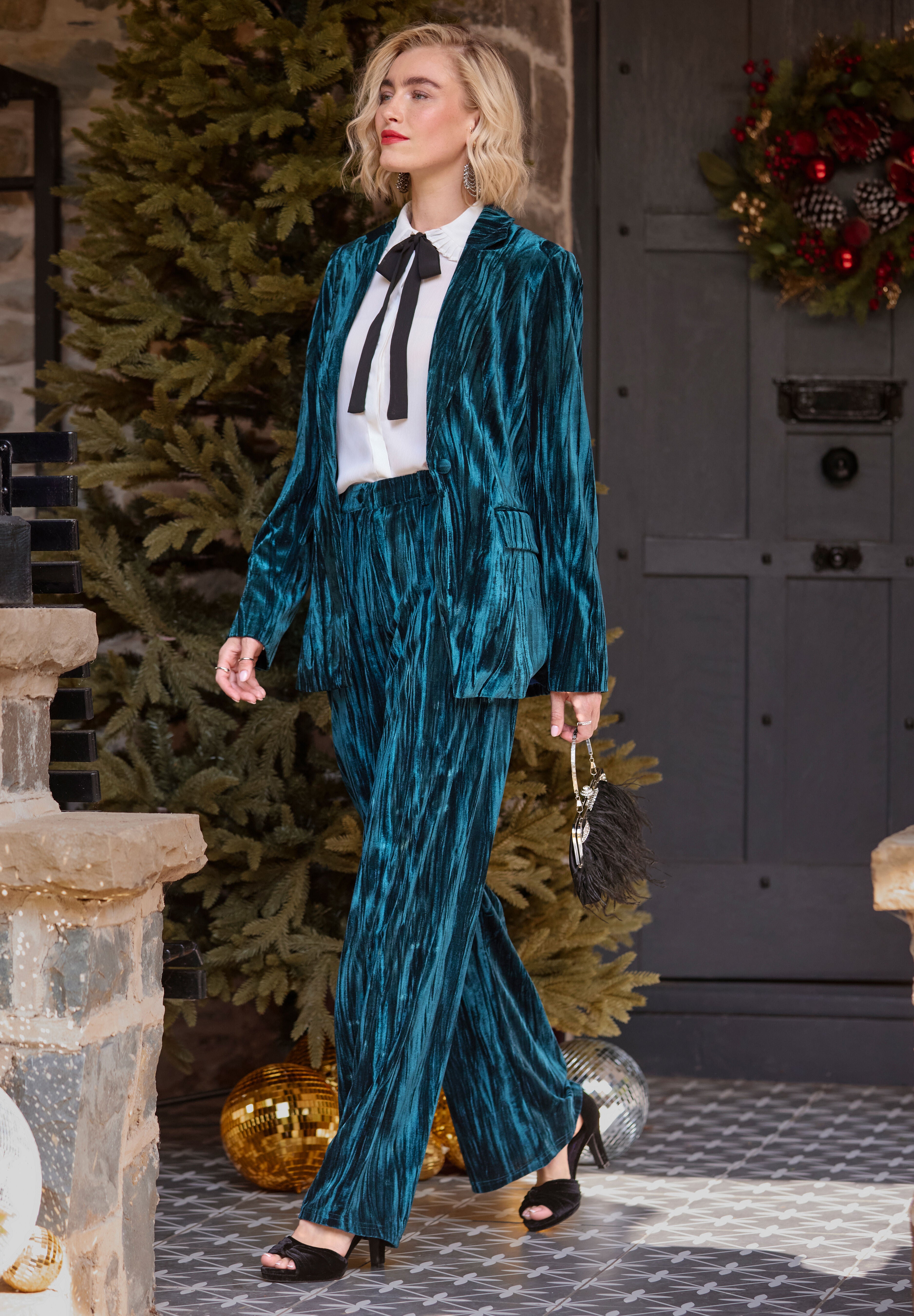 Crinkle Velvet Trouser, TEAL, alternate image number 6