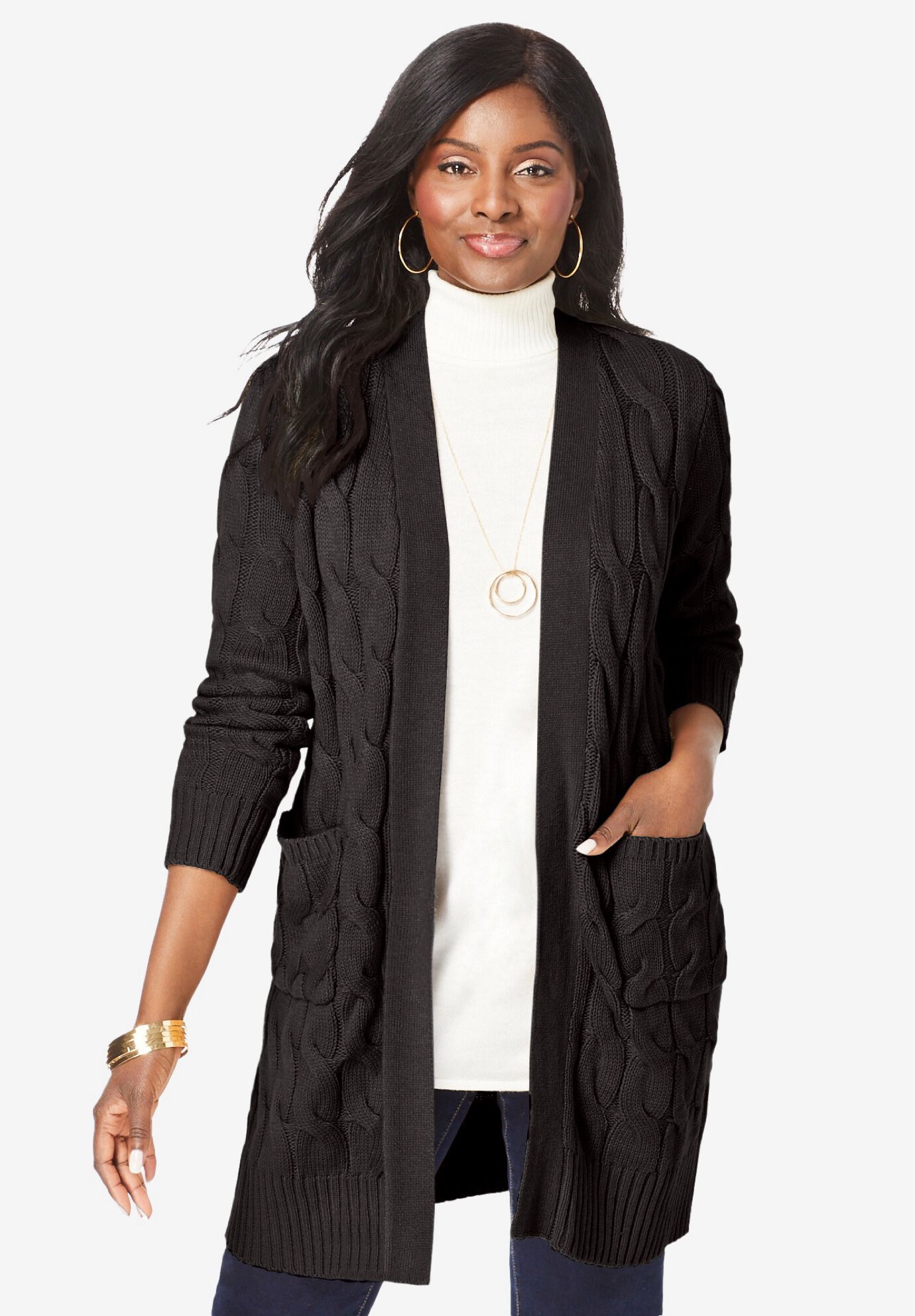 Ladies Cable Duster Sweater Heather Charcoal Jessica London