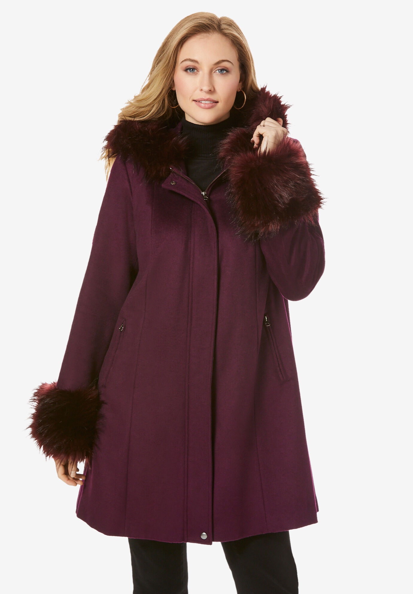 Roamans Womens Plus Size Hooded Textured Fleece Coat 