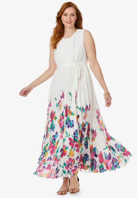 Pleated Maxi Dress, MULTI WATERCOLOR BORDER, hi-res image number null