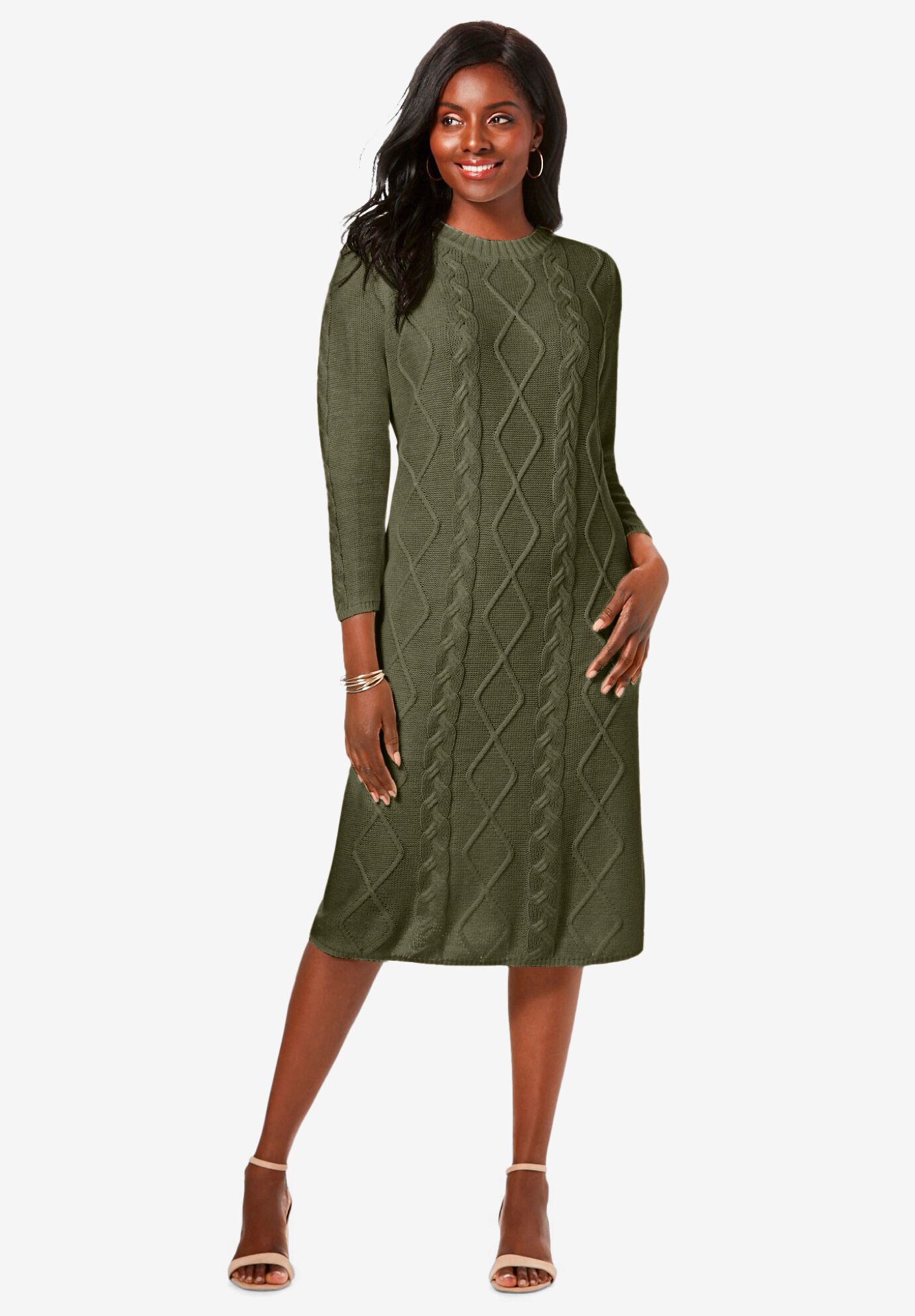 Ladies Cable Sweater Dress Dark Olive Green Jessica London