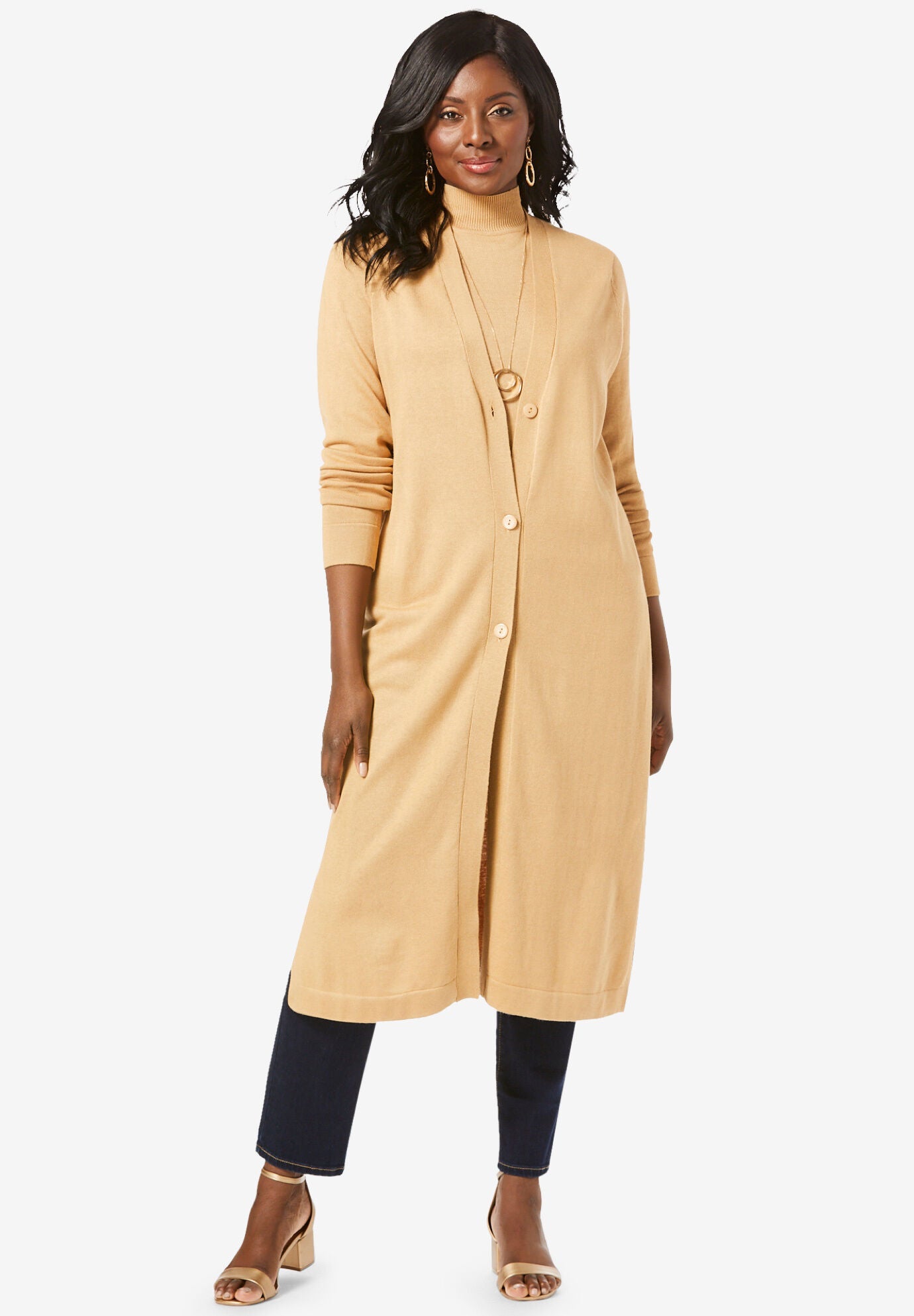 Work Fine Gauge Duster Cardigan Soft Camel Jessica London