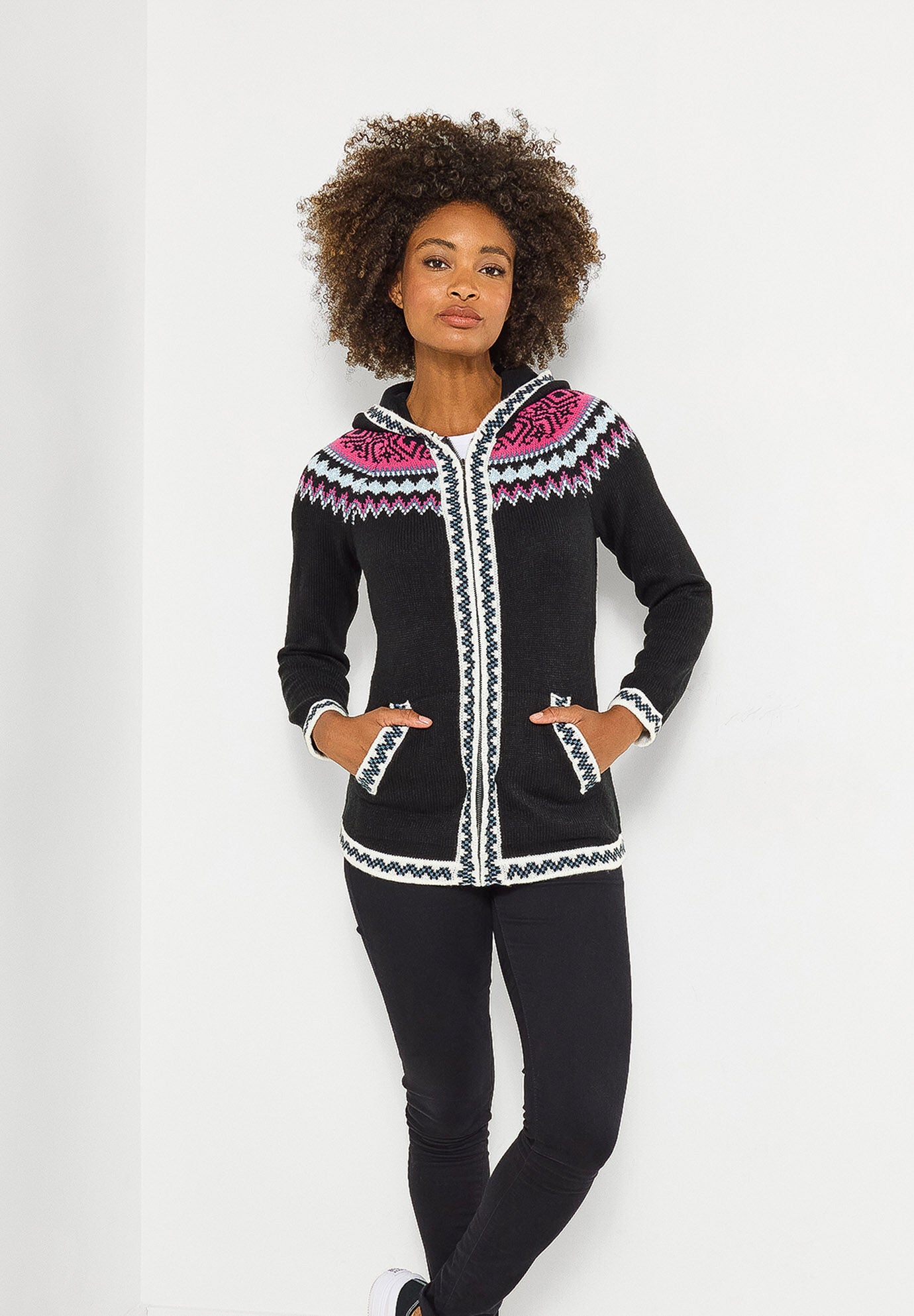 Fair Isle Drawstring V-Neck Zip Hoodie, BLACK FAIRISLE, alternate image number 5