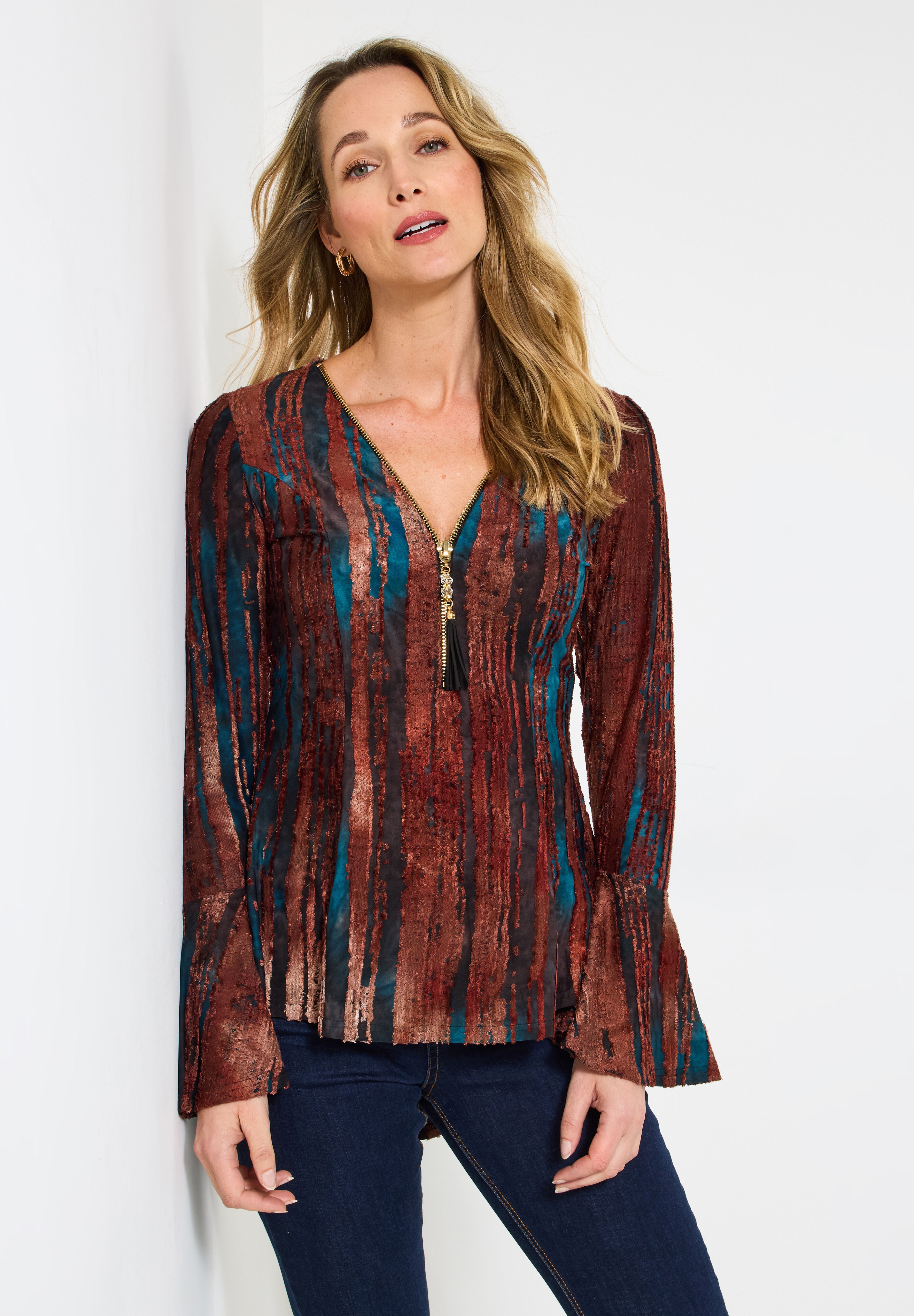 Zip Neck Bell Sleeve Top