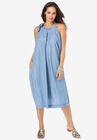 Denim Tie-Neck Dress, LIGHT WASH, hi-res image number null