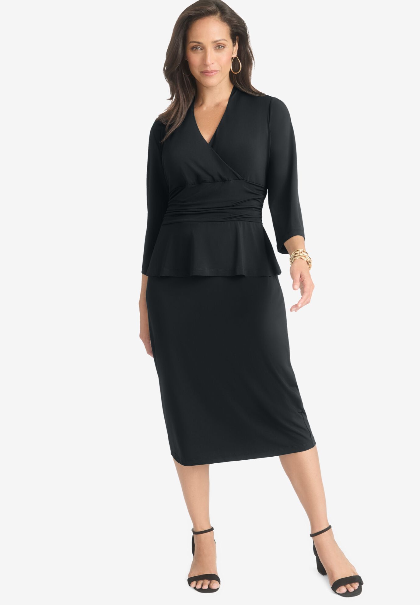 V-NECK PEPLUM MIDI DRESS, BLACK, hi-res image number 0