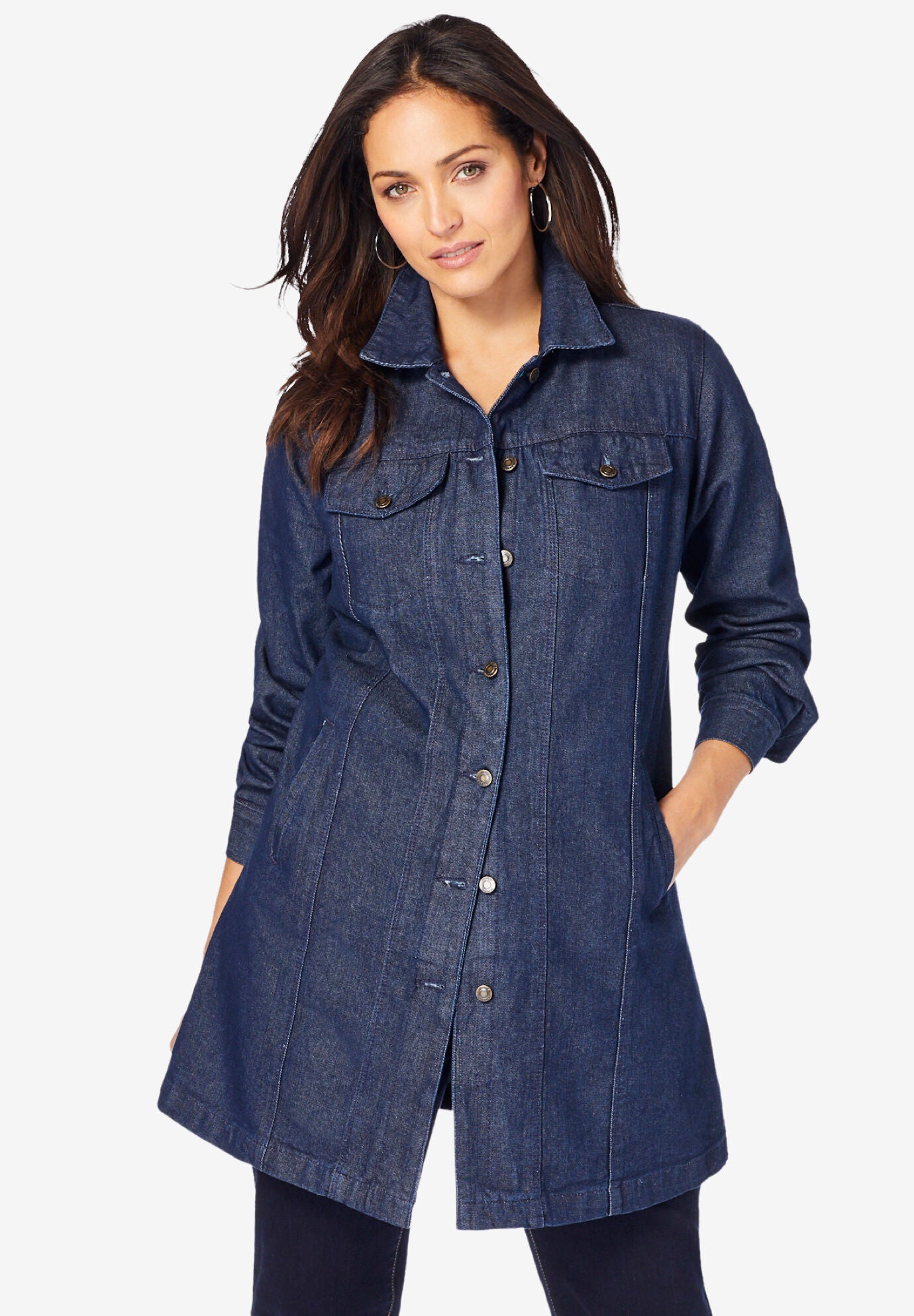 Plus Size Women's Long Denim Jacket by Jessica London in Indigo (Size 22 W) Tunic Length Jean Jacket