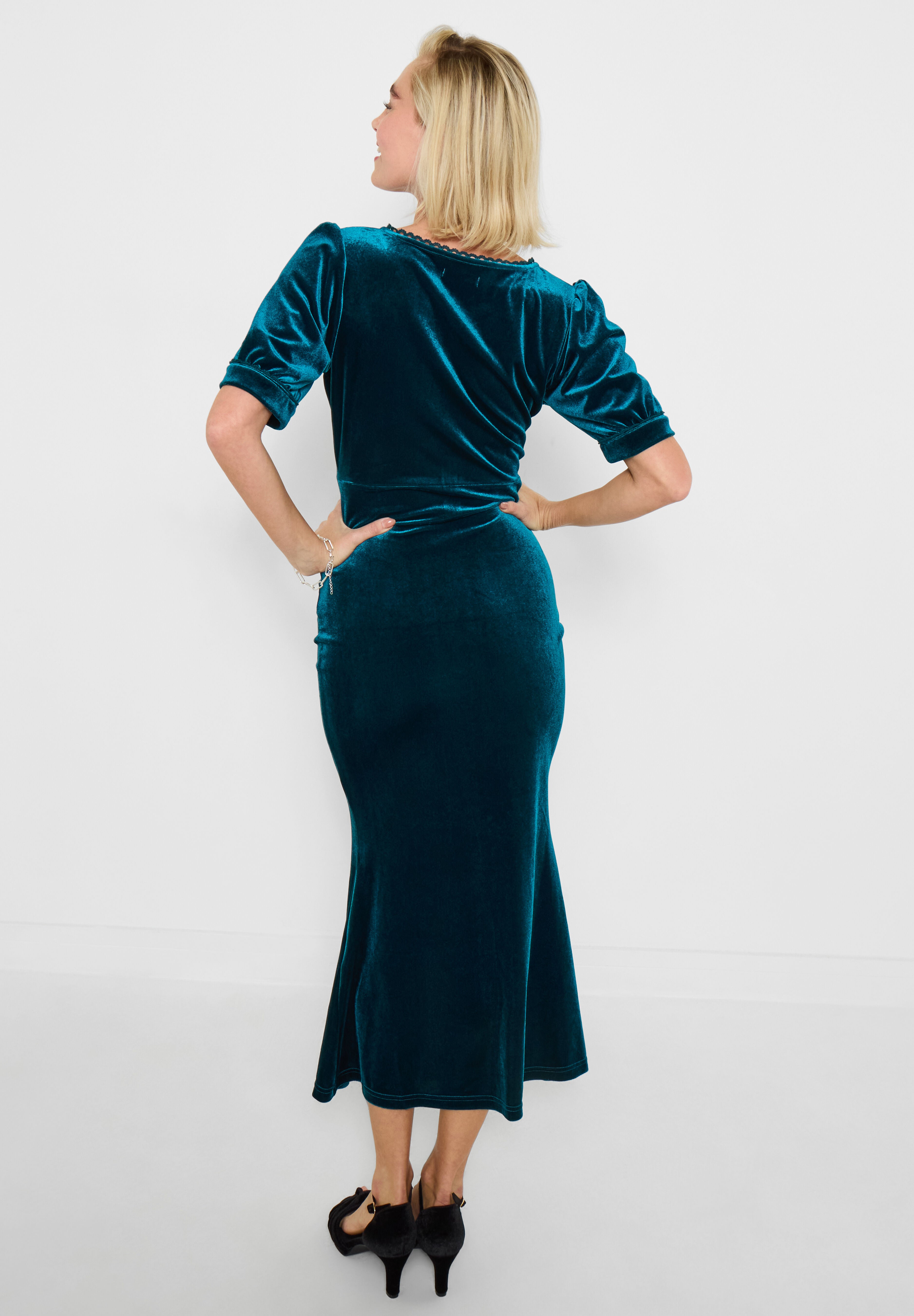 Stretch Velvet Fluted Midi Dress, TEAL, alternate image number 3