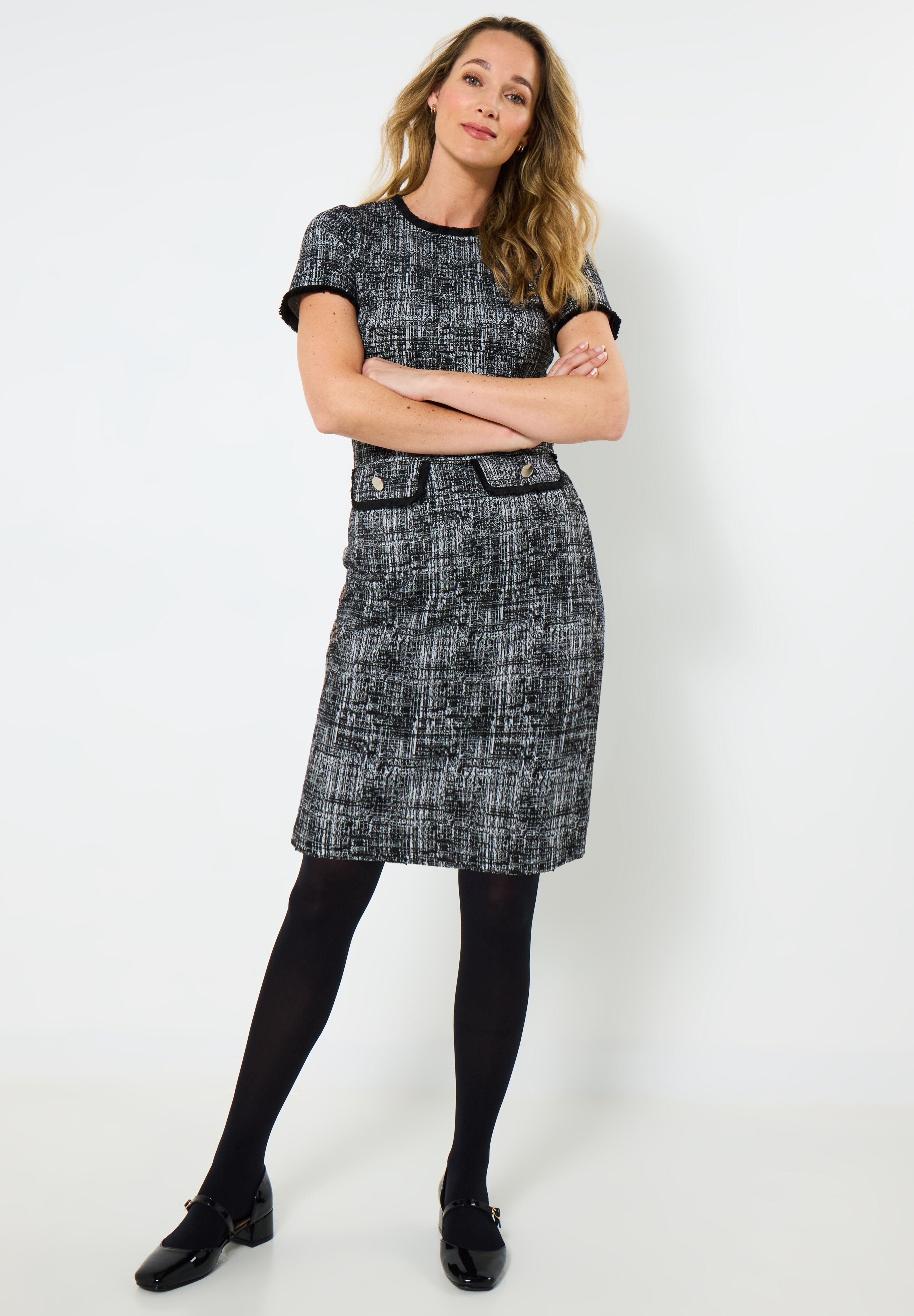 Stretch Tweed Shift Dress, BLACK GRAPHIC TWEED, on-hover image number 1