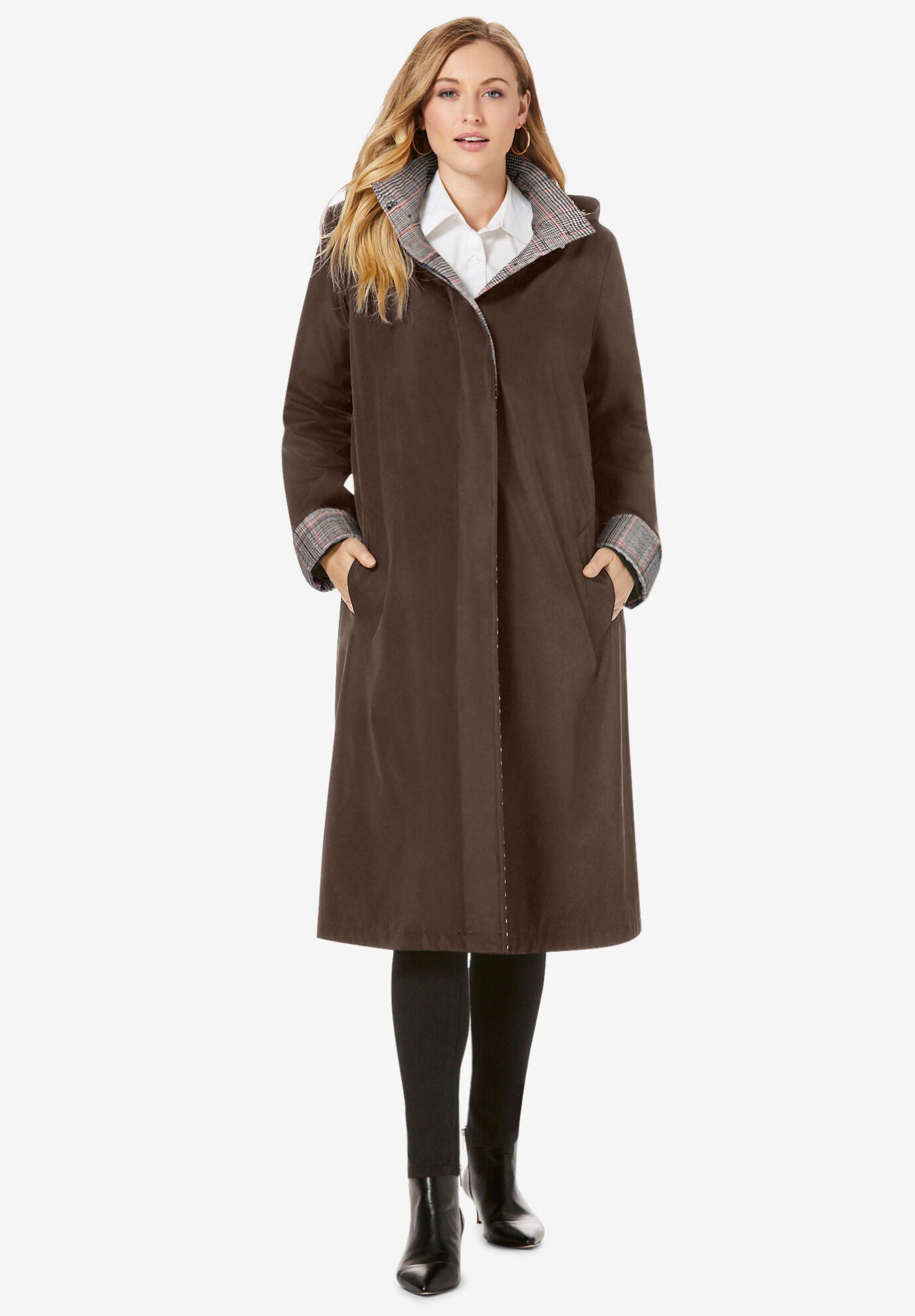 Ladies Contrast Hood Raincoat Chocolate Glen Plaid Jessica London