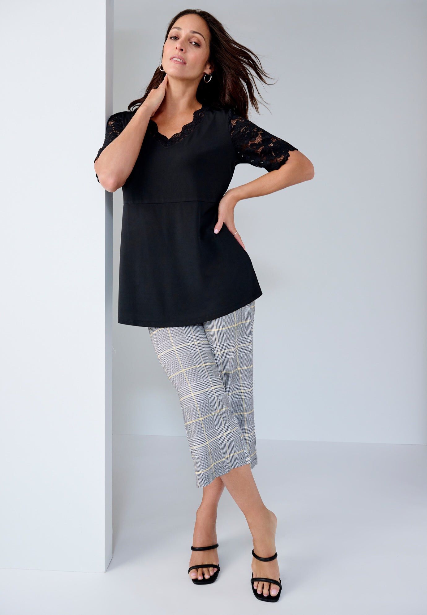 Lace Trim V-Neck Top, BLACK, hi-res image number 0