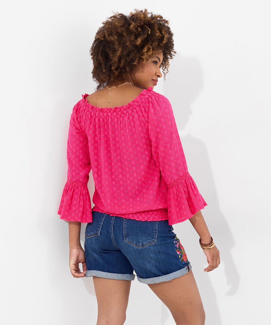 Bell Sleeve Eyelet Blouse, FUSCHIA, alternate image number 2