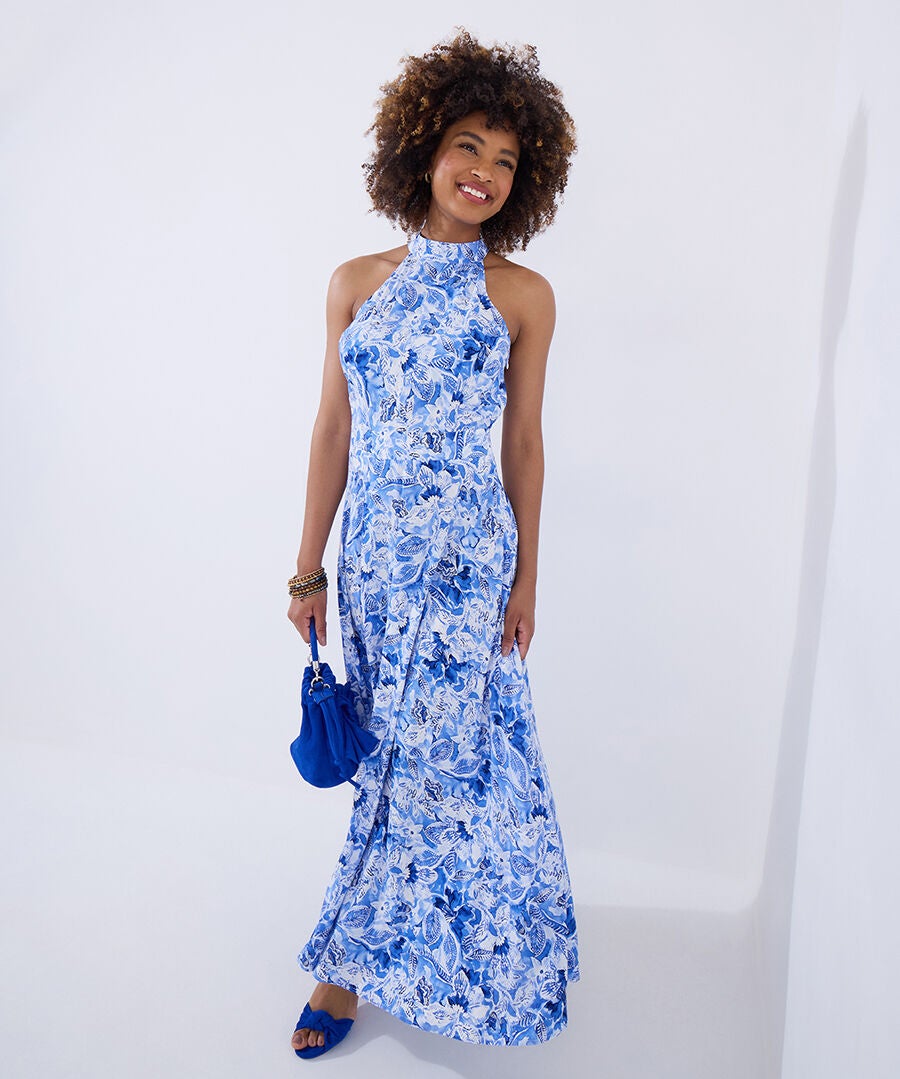 Floral Print Halter Dress, BLUE WATERCOLOR FLORAL, alternate image number 2