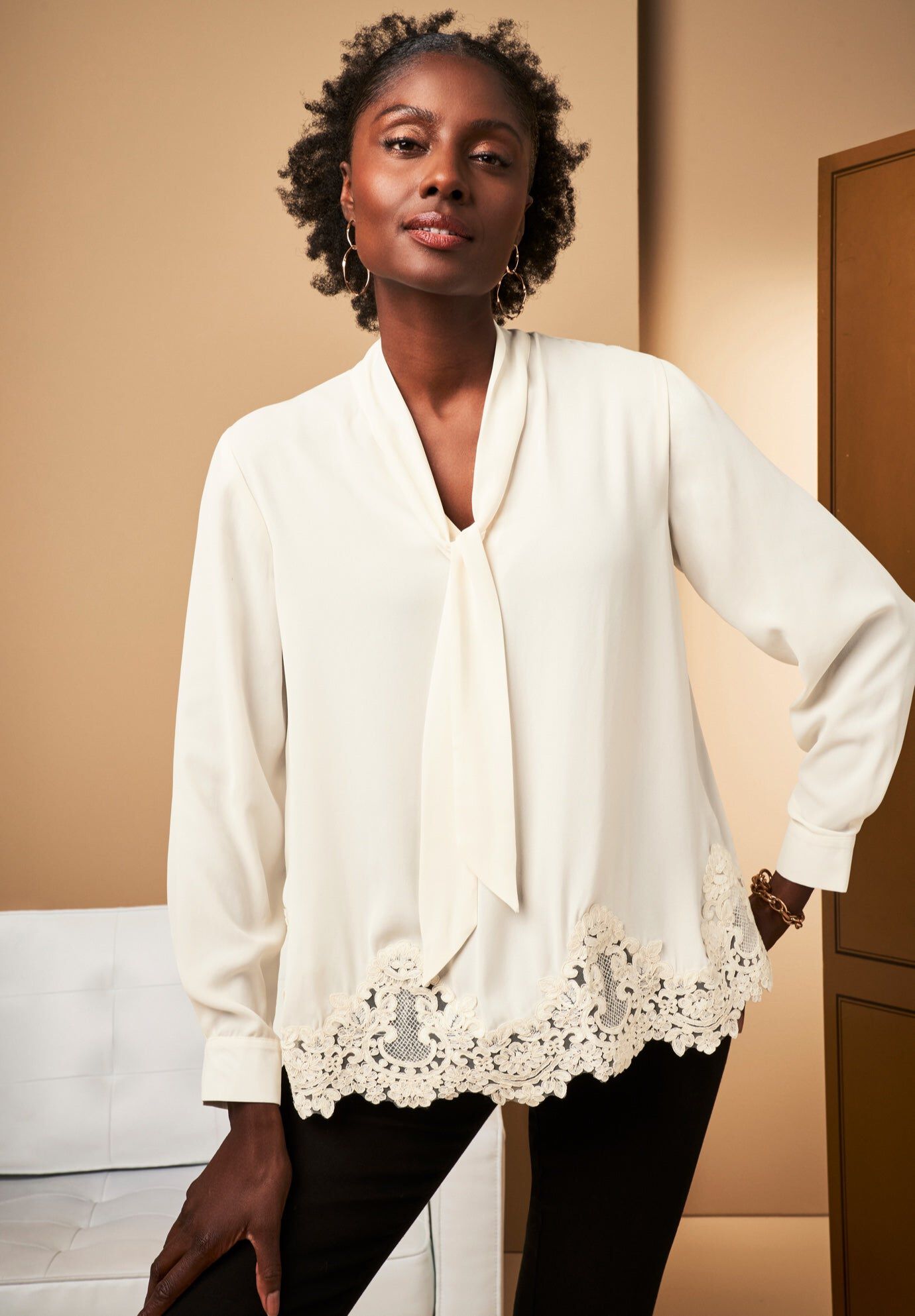 Lace Trim Bow Blouse, IVORY, hi-res image number 0