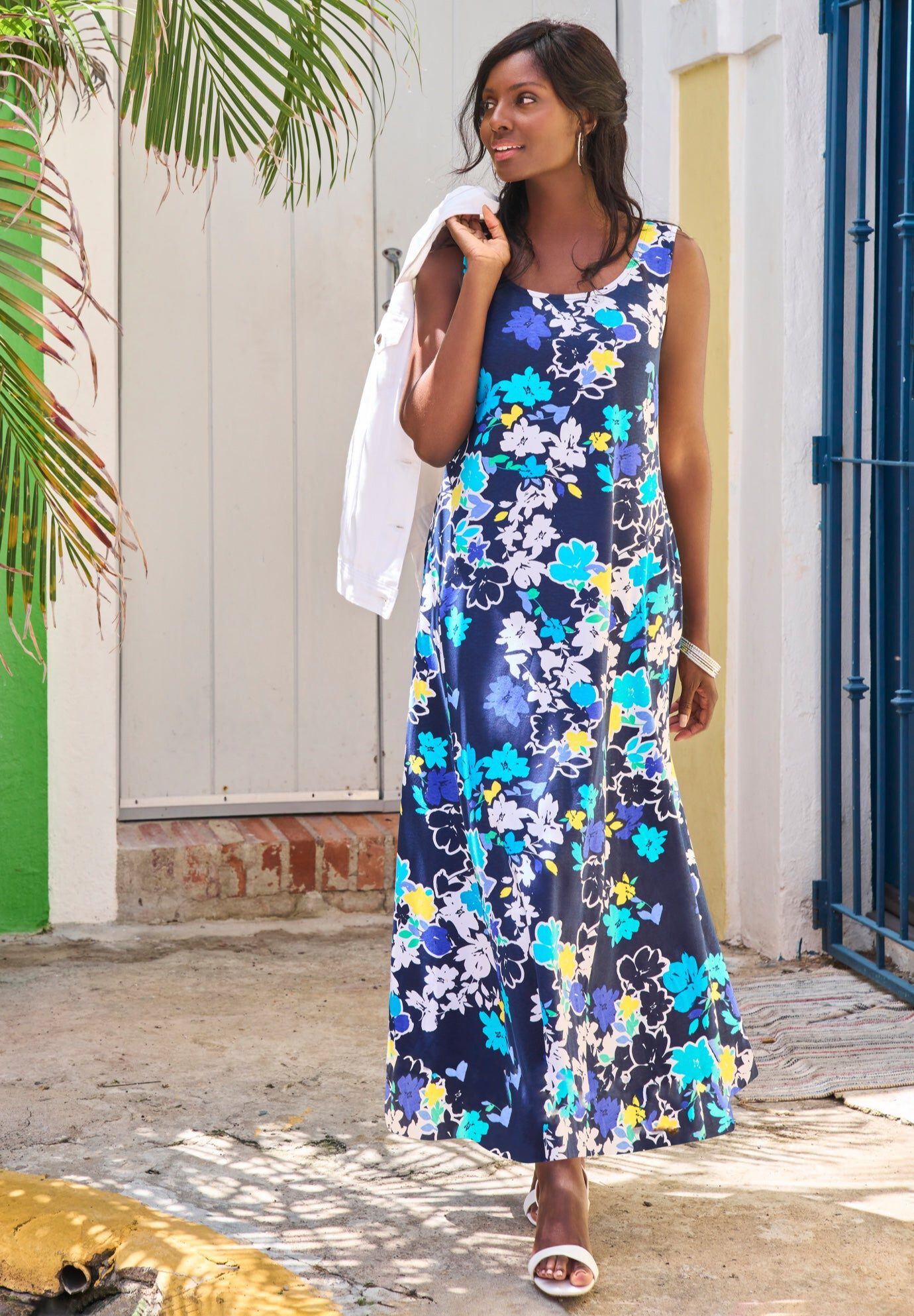 Stretch Cotton Tank Maxi Dress, BLUE FLOWER, hi-res image number 0