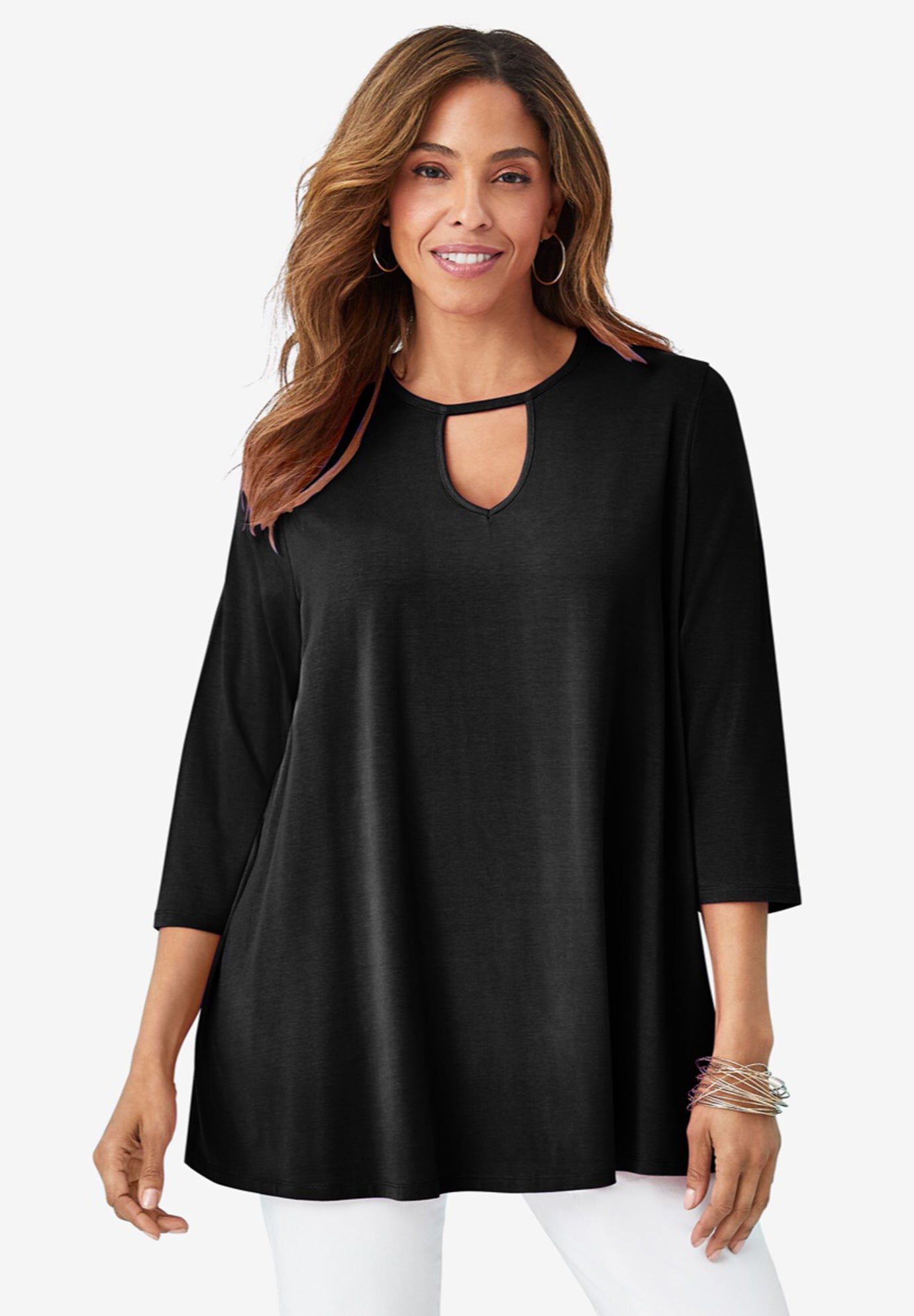 Stretch Knit Keyhole Swing Tunic, BLACK, hi-res image number 0