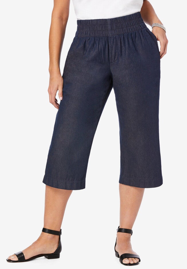 Wide-Leg Crop Chambray Pants, INDIGO, hi-res image number null