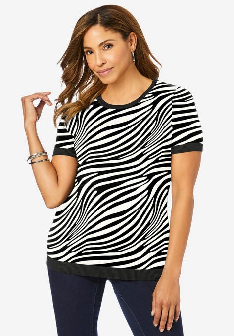 Fine Gauge Crewneck Shell, BLACK IVORY ZEBRA, hi-res image number null