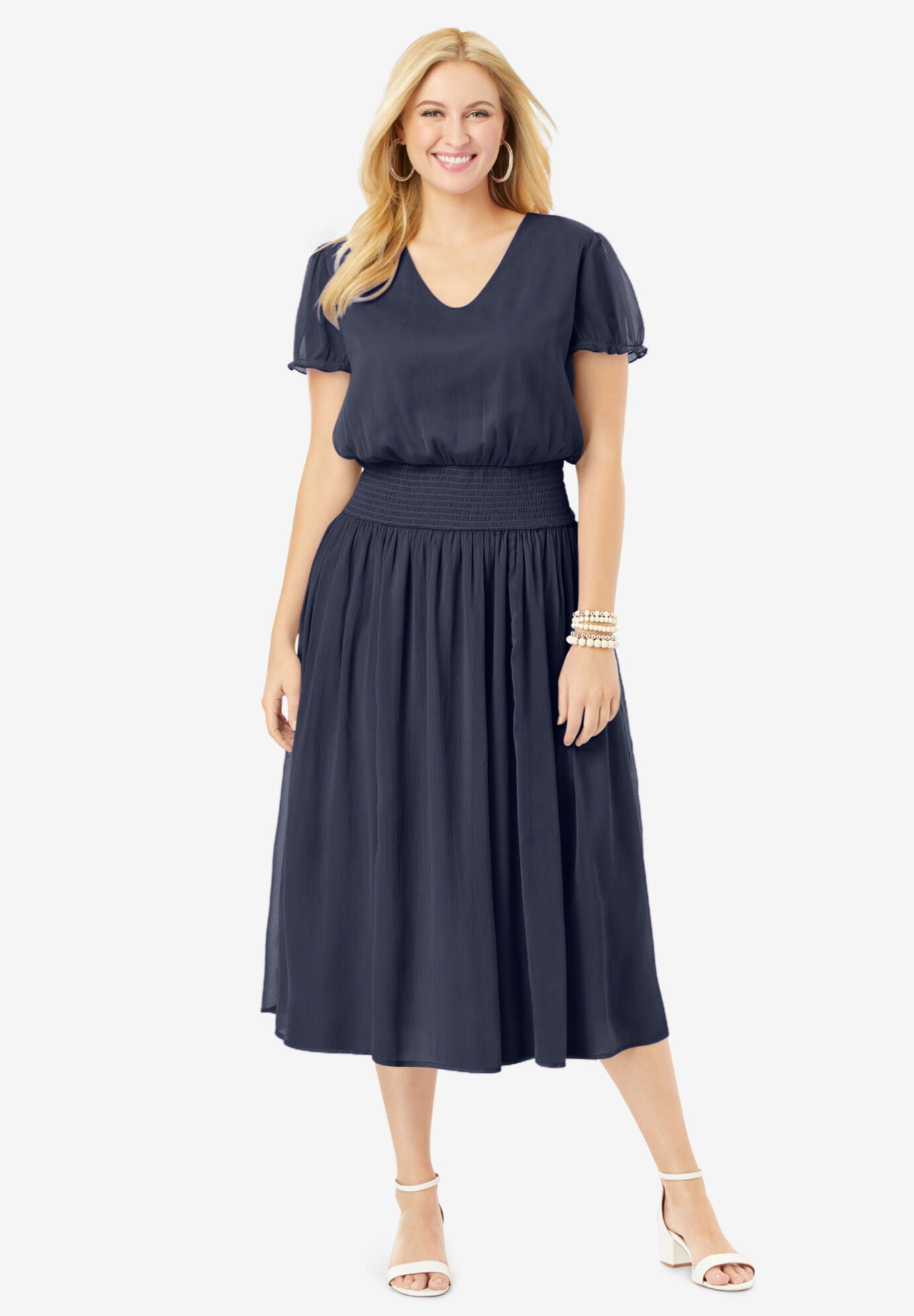 smocked midi dress
