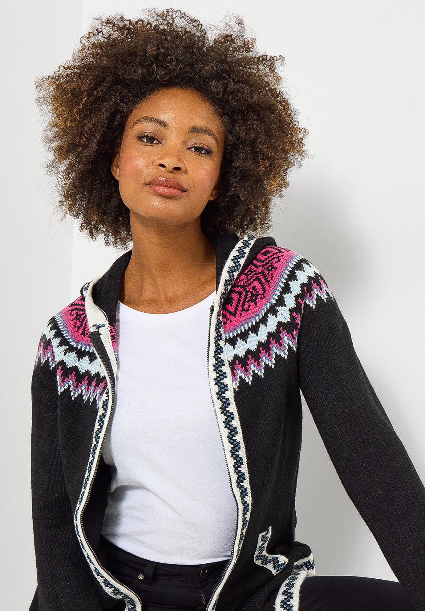Fair Isle Drawstring V-Neck Zip Hoodie, BLACK FAIRISLE, on-hover image number 1