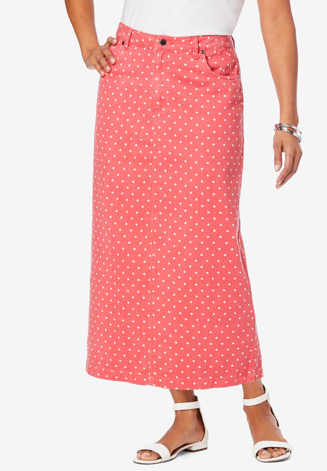 Classic Cotton Denim Long Skirt, VIBRANT WATERMELON POLKA DOT, hi-res image number null