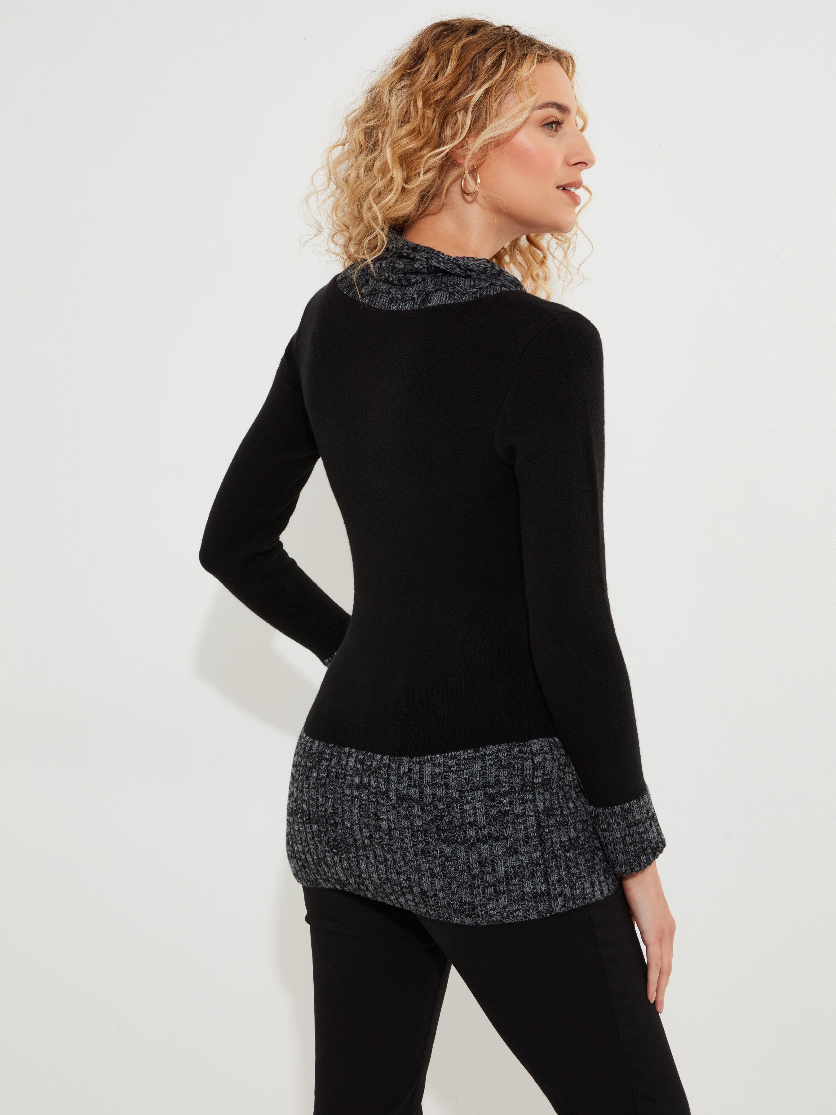 Button Cable Sweater, BLACK, alternate image number 3