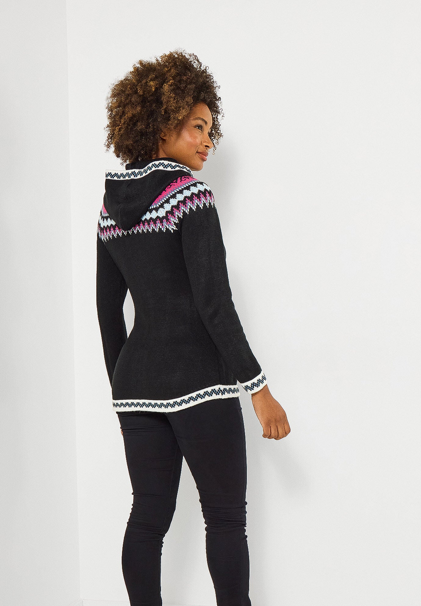 Fair Isle Drawstring V-Neck Zip Hoodie, BLACK FAIRISLE, alternate image number 3
