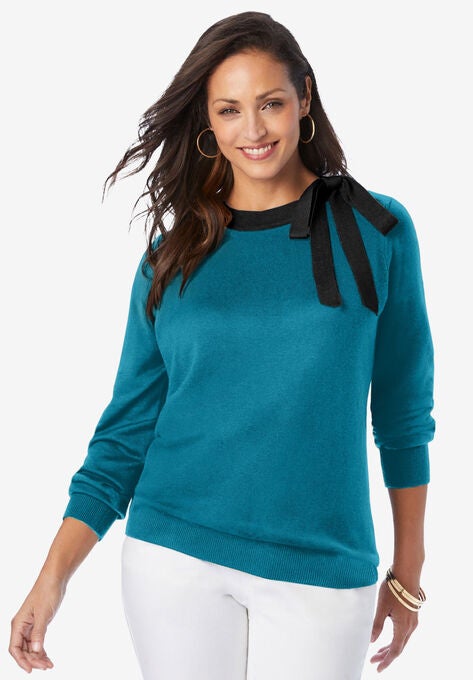 Tie-Neck Sweater, DEEP TEAL, hi-res image number null