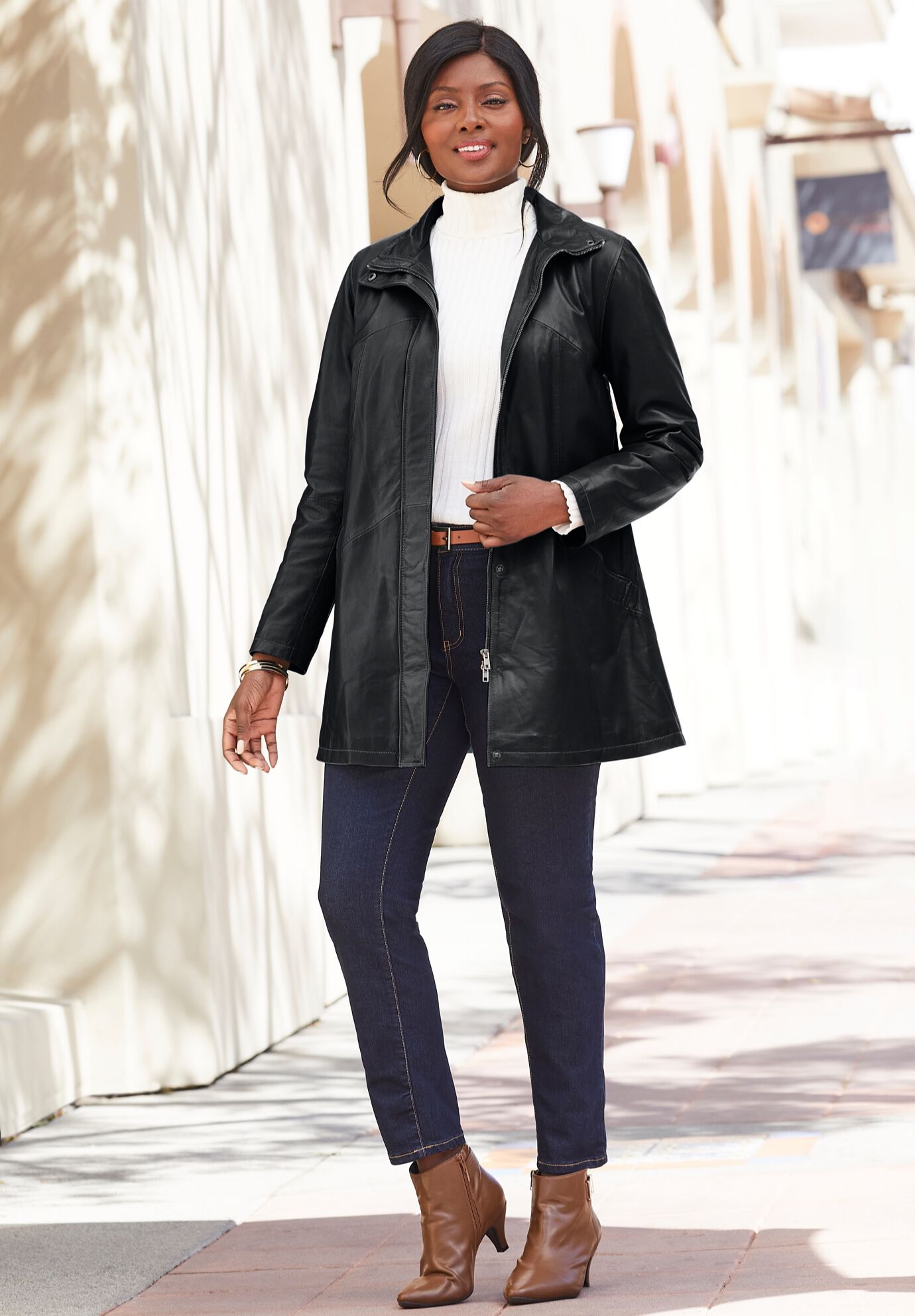 A-Line Zip Front Leather Jacket, BLACK, on-hover image number 1