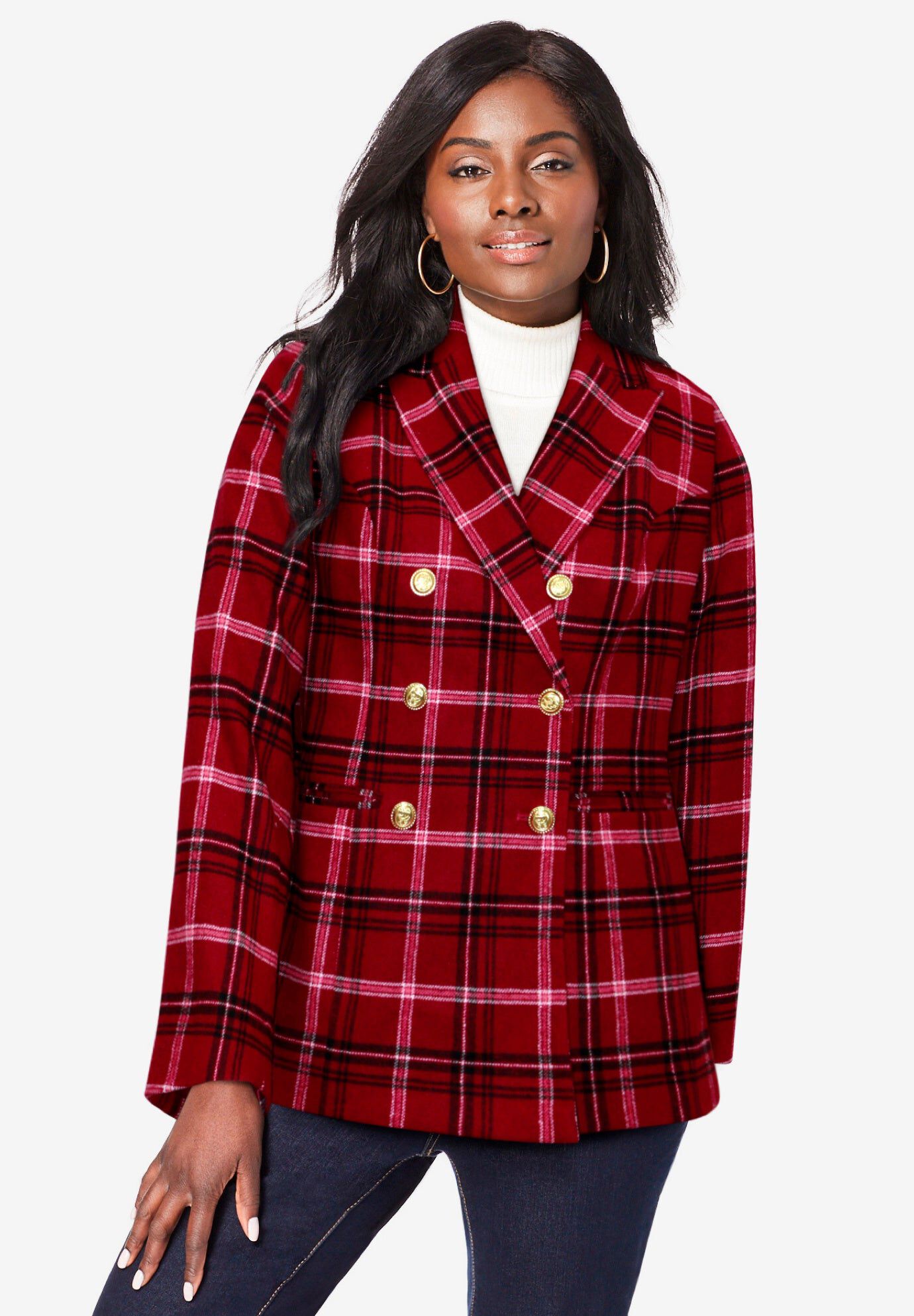 Double Breasted Wool Blazer, RICH BURGUNDY SHADOW PLAID, hi-res image number 0