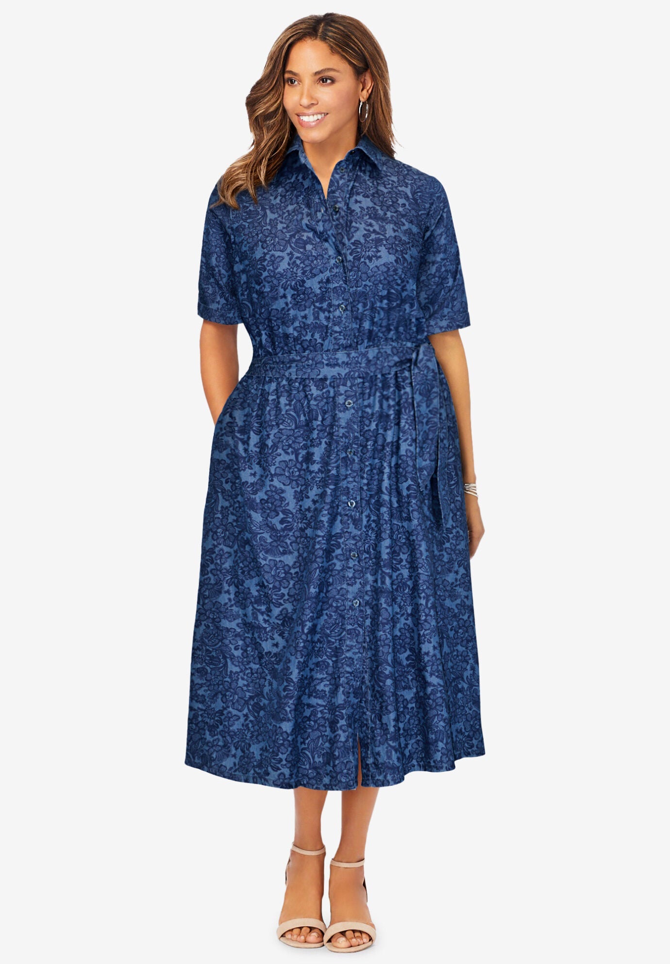 Work Soft Denim Shirtdress Medium Stonewash Lace Jessica London