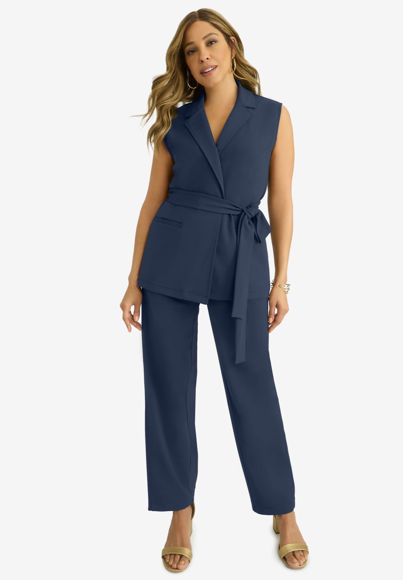 Belted Crepe Vest Set, NAVY, hi-res image number 0