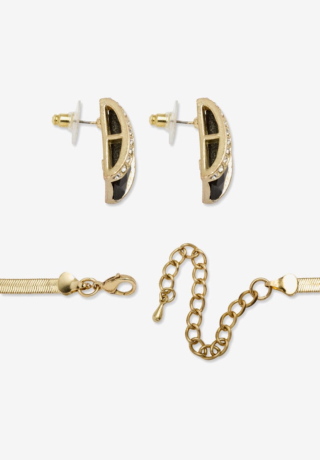 Goldtone Checkerboard-Cut Black Crystal Necklace and Earring Set, 18 inch plus 2 inch extension, , on-hover image number 1