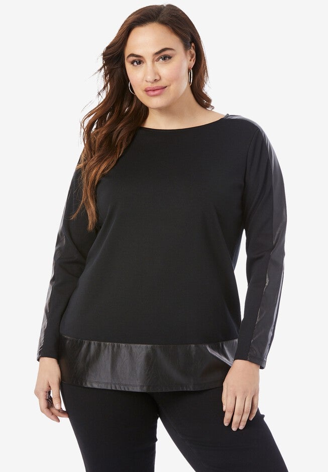 Faux-Leather Trim Tunic, BLACK, hi-res image number null