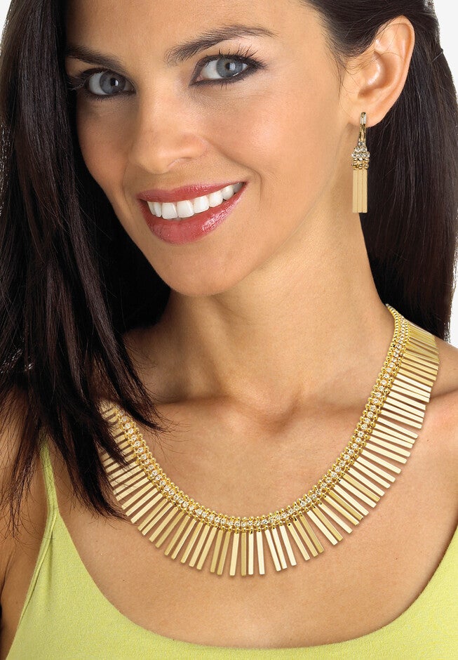 Gold Tone Fringe Necklace, Bracelet and Earring Set, Crystal, 17 inches, , alternate image number null