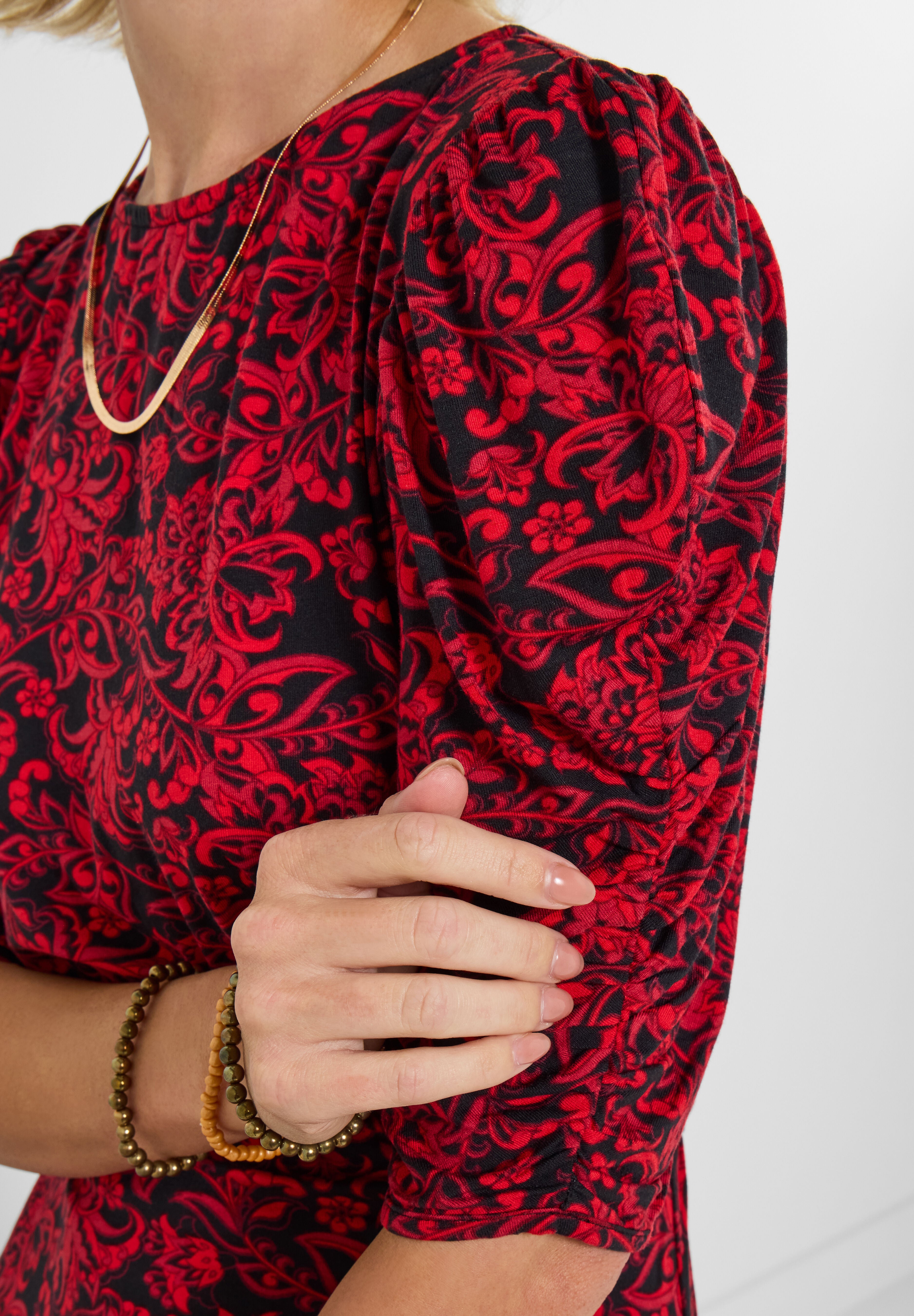 Puff Sleeve Midi Dress, RED SCROLL PAISLEY, alternate image number 2