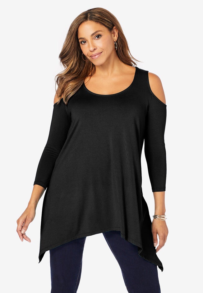 Cold Shoulder Hanky Hem Tunic, BLACK, hi-res image number null